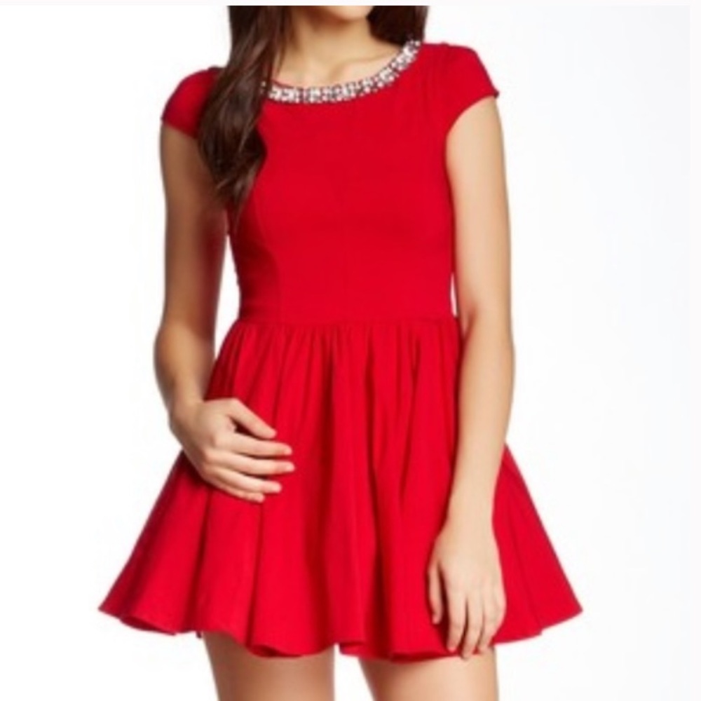 Gracia Dress- Red With Jeweled Neckline